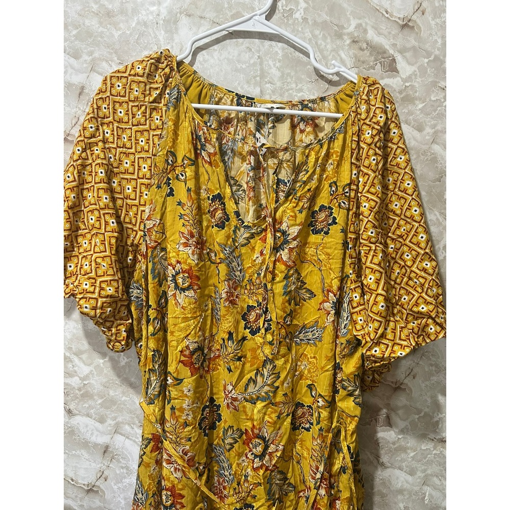 Cato Yellow Floral Geometric Mixed Print Tunic Top Plus‎ 22/24W Metallic Detail